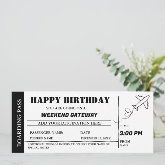 Weekend Getaway Verjaardag Boarding Pass Ticket In Kaart (Staand voorkant)