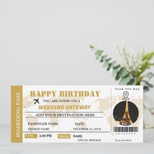 Weekend Getaway Verjaardag Boarding Pass Ticket In Kaart (Staand voorkant)