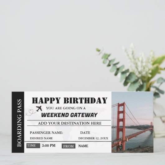 Weekend Getaway Verjaardag Boarding Pass Ticket Kaart (Staand voorkant)