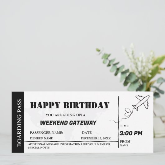 Weekend Getaway Verjaardag Boarding Pass Ticket Kaart (Staand voorkant)