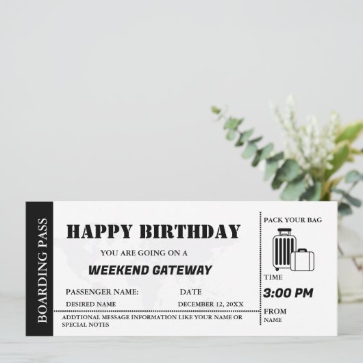 Weekend Getaway Verjaardag Boarding Pass Ticket Kaart (Staand voorkant)