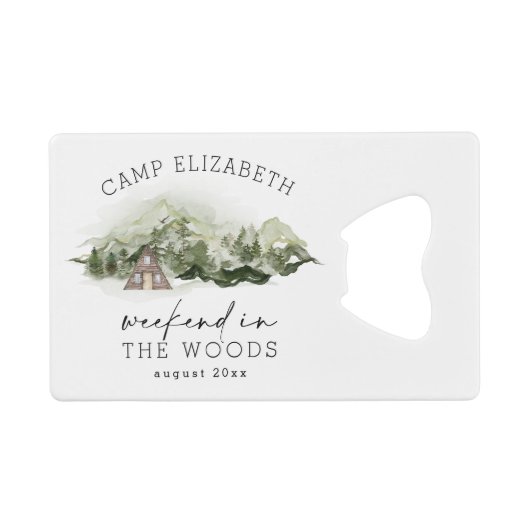 Weekend in de Bossen Camping Bachelorette Creditkaart Flessenopener (Voorkant (Horizontaal))