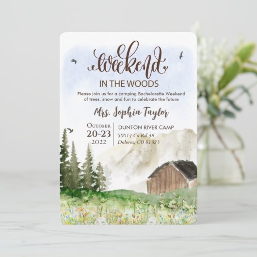 Weekend in de bossen vrijgezellenfeest uitnodiging (Staand voorkant)