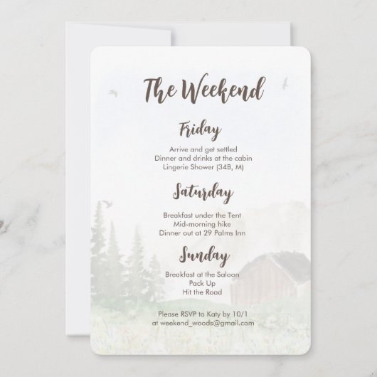 Weekend in de bossen vrijgezellenfeest uitnodiging (Achterkant)