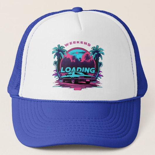 Weekend Loading Retro Sunset Trucker Hat – 80s AES Pet (Voorkant)