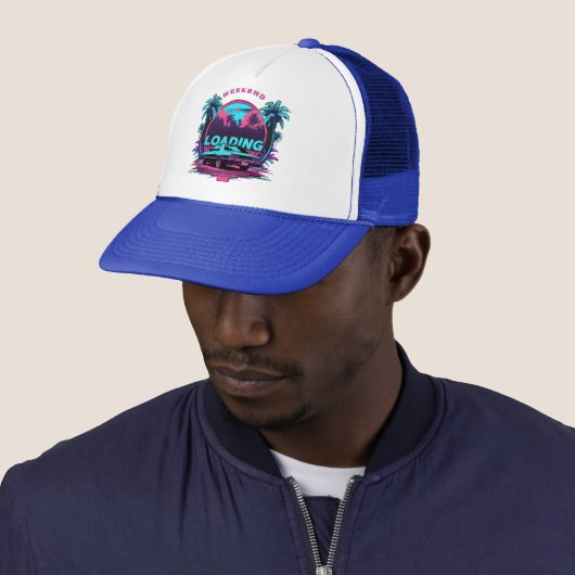 Weekend Loading Retro Sunset Trucker Hat – 80s AES Pet (In situ)