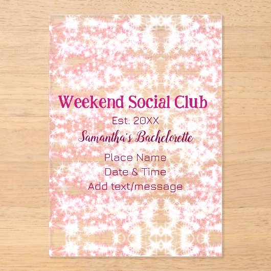 Weekend Social club roze glitter bachelorette deel Acryl Uitnodigingen (Voorkant)