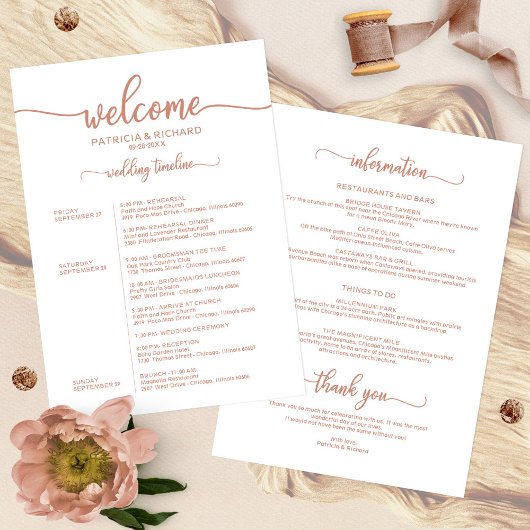 Weekend Trouwschema Rose Goud Calligrafie Kaart