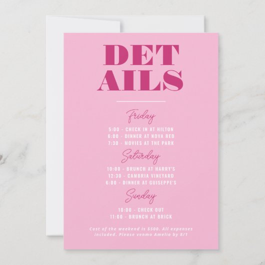 Weekend van de Bold Pink Bachelorette Kaart (Achterkant)