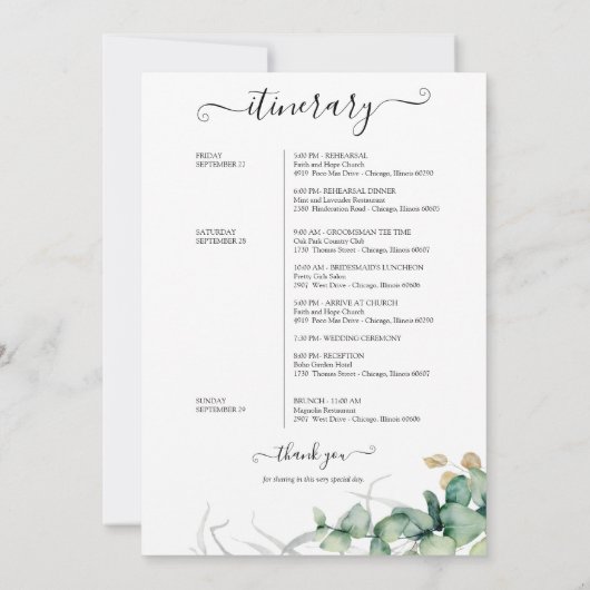 Weekend Wedding Itinerary Greenery Eucalyptus Kaart (Achterkant)