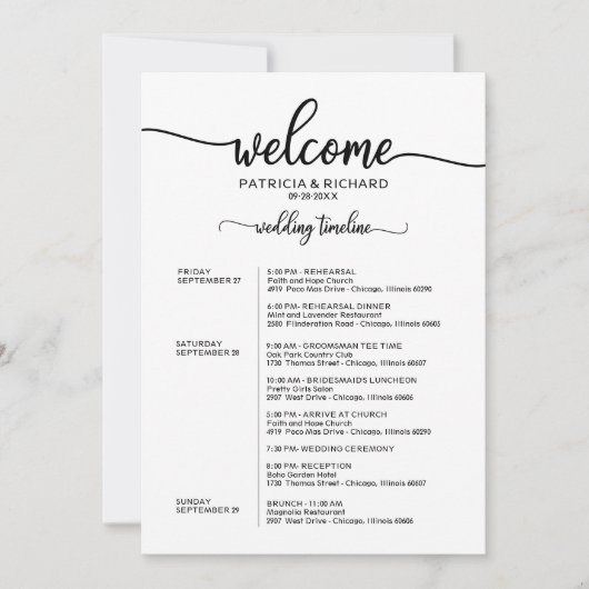 Weekend Wedding Schedule Elegant Calligraphy Kaart (Voorkant)