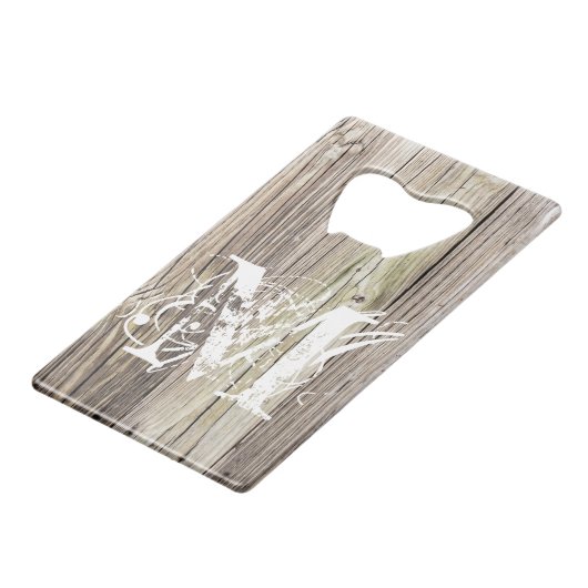 Weekhout monogrammen creditkaart flessenopener (Voorkant Gekanteld)