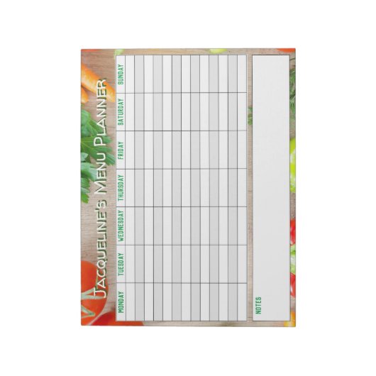Weekly Menu Planner to Personalise. Notitieblok (Linkerzijde)