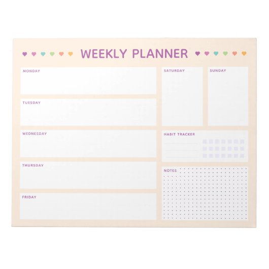 Weekly Planner Colorful Hearts Purple Text Notitieblok (Voorkant)