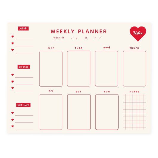 Weekly Planner Red Hearts Notitieblok met naam