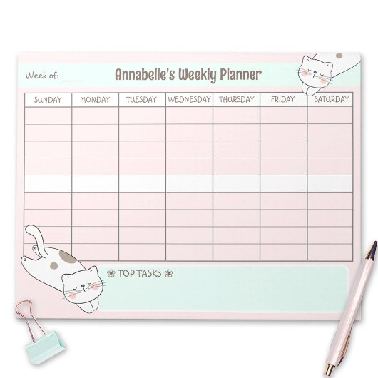 Weekly Planner Schattige Cat Pink Blue Naam Scheur Notitieblok