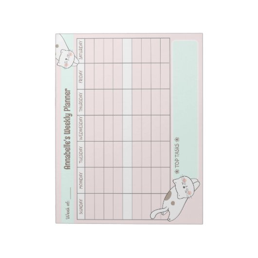 Weekly Planner Schattige Cat Pink Blue Naam Scheur Notitieblok (Linkerzijde)