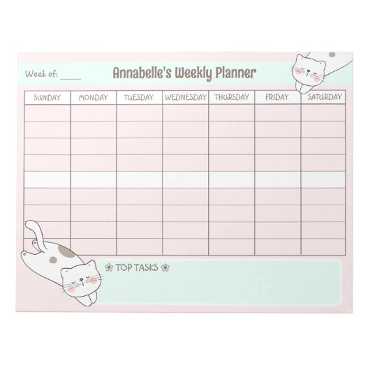 Weekly Planner Schattige Cat Pink Blue Naam Scheur Notitieblok (Voorkant)