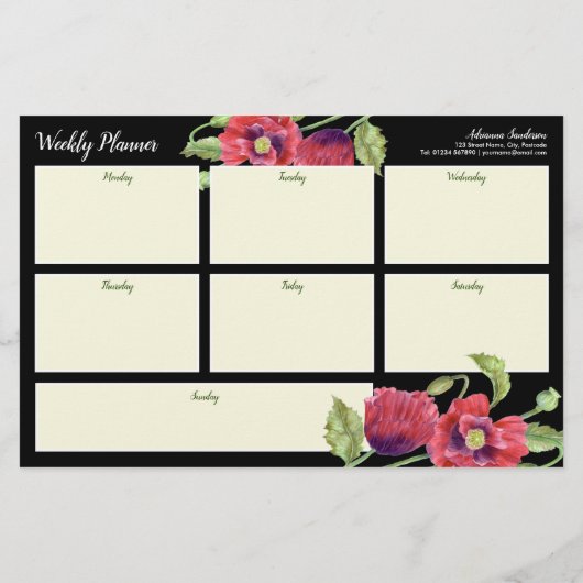 Weekly Planner Waterverf Red Poppies Black Statio Briefpapier (Achterkant)