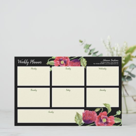 Weekly Planner Waterverf Red Poppies Black Statio Briefpapier (Staand voorkant)