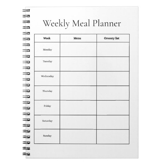 Weekplanner notitieboek voor maaltijden (Voorkant)