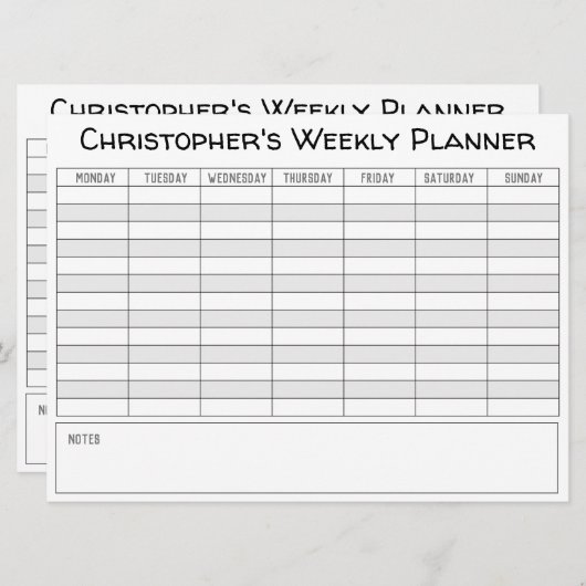Weekplanner om te personaliseren met naam op een K Feestdagenkaart (Voorkant / Achterkant)