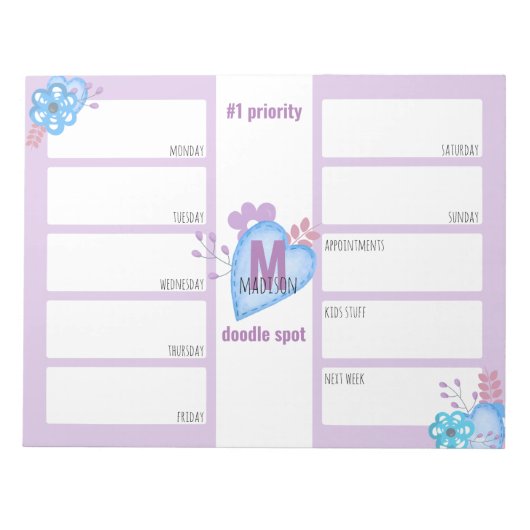 Weekse planner dagelijks om Lila doodles-monogram  Notitieblok (Voorkant)