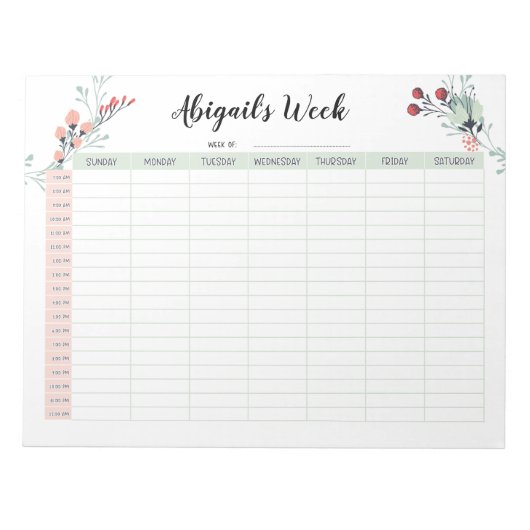 Weekselrooster met zondag Begin 7.00 - 12.00 uur Notitieblok (Voorkant)