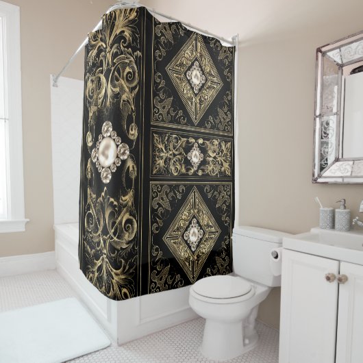  weelde | Zwart en Goud Jeweled Flourish Douchegordijn (In situ)
