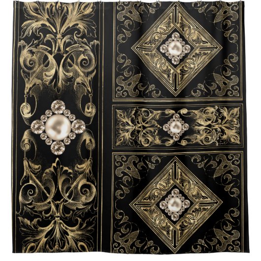  weelde | Zwart en Goud Jeweled Flourish Douchegordijn (Voorkant)