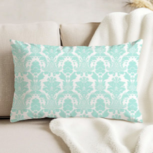 Weelderig Antiek Damast Patroon Aqua op Wit Accent Kussen