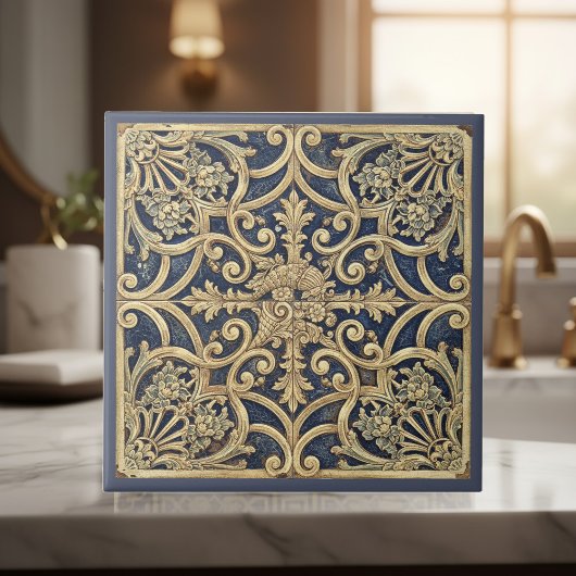 Weelderig Barok Patroon Pat#2 Blauw Goud ID1195 Tegeltje