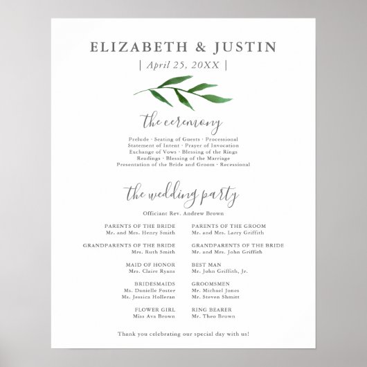 Weelderig blad elegant trouwceremonieprogramma bor poster (Voorkant)