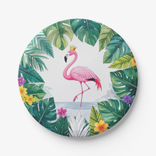Weelderig bladrijk Elegante Roze Flamingo Kroon Papieren Bordje