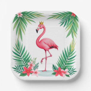 Weelderig bladrijk Elegante Roze Flamingo Kroon Papieren Bordje