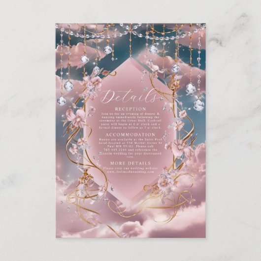 Weelderig Blauwe Roze Wolken Calligrafie Bruiloft Informatiekaartje (Voorkant)