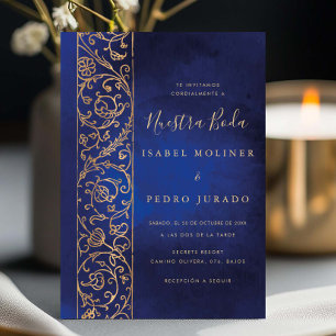 Weelderig bloemmotief goud blauw Nuestra Boda brui Kaart