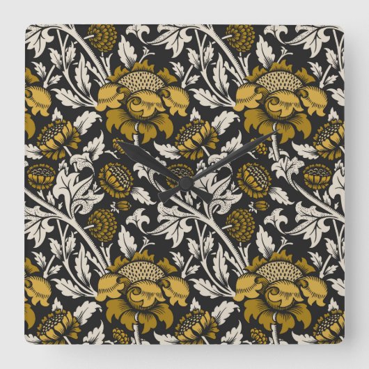 Weelderig bloempatroon met grote gouden bloemen vierkante klok (Voorkant)