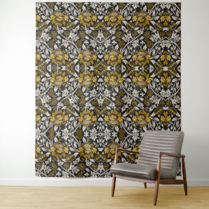 Weelderig bloempatroon met grote gouden bloemen  wandkleed