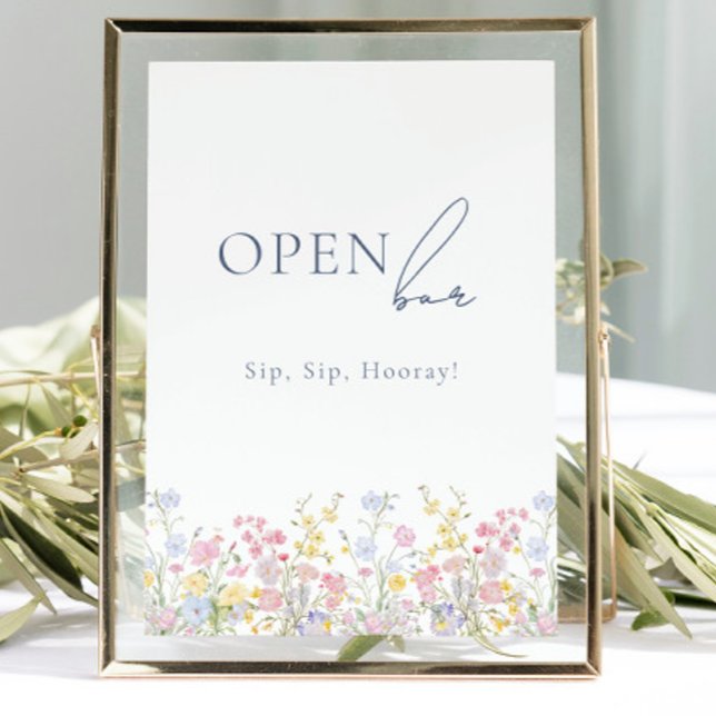 Weelderig bloemstuk Open Bar Huwelijk Tafelkaart  (Lush Floral Open Bar Wedding Tabletop Sign)