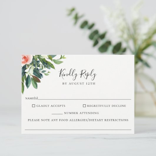 weelderig boeket bruiloft voedsel allergie RSVP-ka RSVP Kaartje (Staand voorkant)