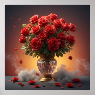Weelderig Boeket Rode Rozen in Elegante Kristallen Poster