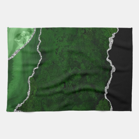 Weelderig bosgroen marmer chic zilver glitter theedoek (Horizontaal)