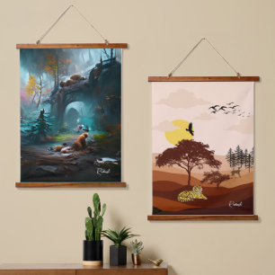Weelderig boslandschap en savanne natuur zonsonder hangend wandkleed