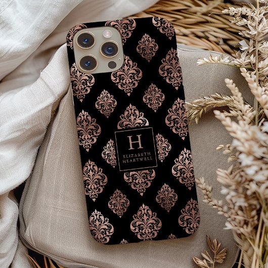 Weelderig Damast Patroon Monogram Roze Goud Zwart Case-Mate iPhone Case