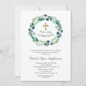 Weelderig Eucalyptusblad Gouden Kruis Heilige Comm Kaart (Voorkant)