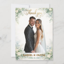 Weelderig Eucalyptusgroen met Gouden Overlay Foto Bedankkaart