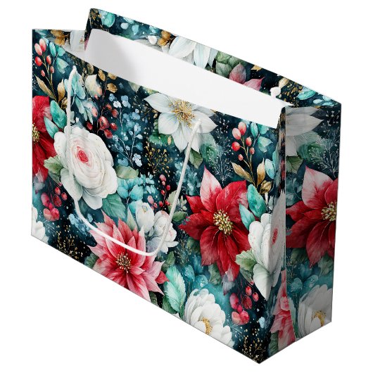 Weelderig gekleurde kerstbloem groot cadeauzakje (Voorkant Gekanteld)