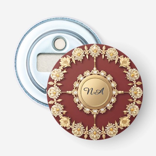 Weelderig Goud Bloemmotief Button Flesopener (Voorkant)