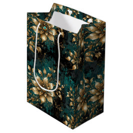 Weelderig goud bloemmotief & teal marmer damast medium cadeauzakje